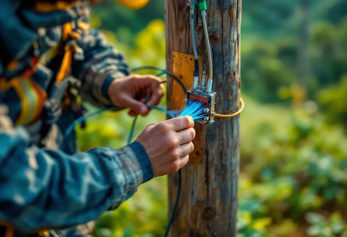 Técnico da ViaVeloz instalando fibra óptica na região de Parelheiros, perto na Barragem
