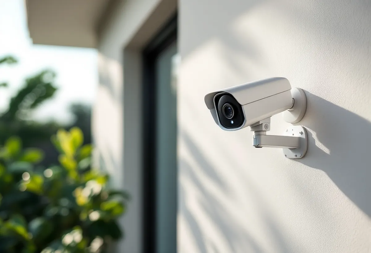 Câmera de segurança inteligente instalada na fachada de uma casa