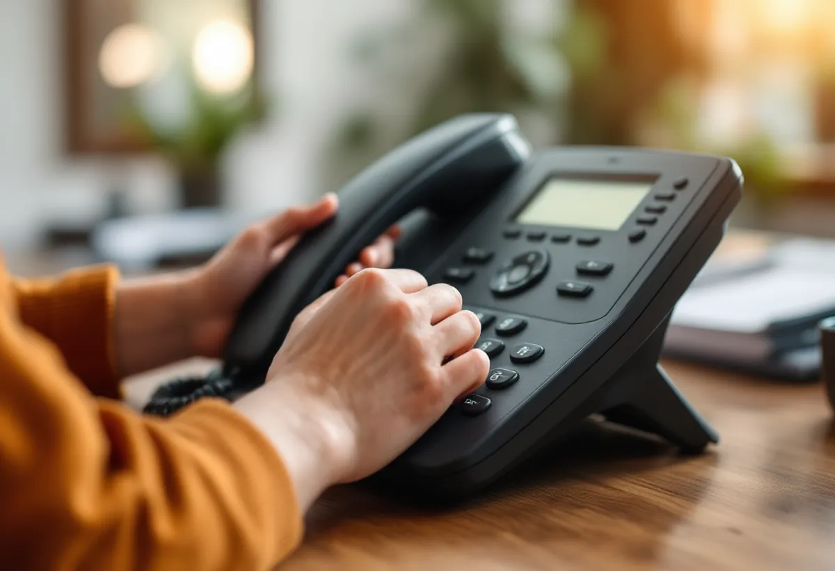 Pessoa atendendo um telefone fixo sobre uma mesa em um escritório em casa